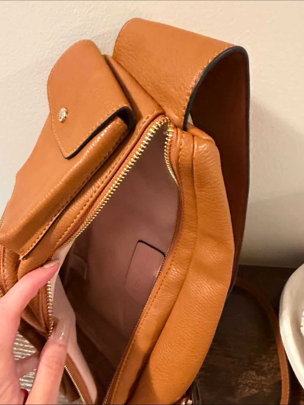 Poppy & Peonies Cognac Leather Sling Backpack with Gold Hardware
